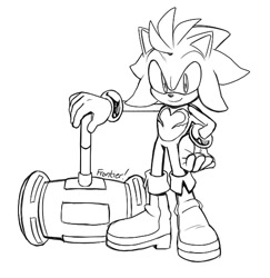 Size: 529x545 | Tagged: safe, artist:scourgefrontier, amy rose, oc, oc:aim the hedgehog, 2024, holding something, line art, looking at viewer, monochrome, piko piko hammer, signature, simple background, smile, solo, standing, top surgery scars, trans boy amy, trans male, transgender, white background