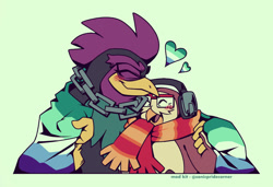 Size: 1041x714 | Tagged: safe, artist:sonicpridecorner, bird, 2025, arm around shoulders, blushing, don the rooster, don x nite, duo, eyes closed, flag, gay, gay pride, green eyes, heart, holding something, mlm pride, mouth open, nite the owl, open smile, pride, pride flag, shipping, simple background, smile