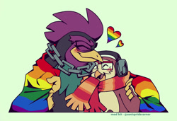 Size: 1041x714 | Tagged: safe, artist:sonicpridecorner, bird, 2025, alternate version, arm around shoulders, blushing, don the rooster, don x nite, duo, eyes closed, flag, gay, gay pride, green eyes, heart, holding something, mouth open, nite the owl, open smile, pride, pride flag, shipping, simple background, smile