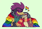 Size: 1041x714 | Tagged: safe, artist:sonicpridecorner, bird, 2025, alternate version, arm around shoulders, blushing, don the rooster, don x nite, duo, eyes closed, flag, gay, gay pride, green eyes, heart, holding something, mouth open, nite the owl, open smile, pride, pride flag, shipping, simple background, smile