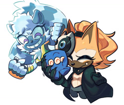 Size: 1643x1394 | Tagged: safe, artist:loeeee, tangle the lemur, whisper the wolf, wisp, 2025, blue wisp, holding them, simple background, smile, trio, white background