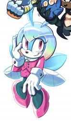 Size: 1031x1741 | Tagged: safe, artist:loeeee, jewel the beetle, 2025, blushing, flapping wings, flying, looking offscreen, mid-air, simple background, smile, solo, white background