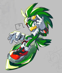 Size: 697x828 | Tagged: safe, artist:loeeee, jet the hawk, bird, 2025, extreme gear, grey background, looking at viewer, question mark, simple background, smile, solo