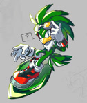 Size: 697x828 | Tagged: safe, artist:loeeee, jet the hawk, bird, 2025, extreme gear, grey background, looking at viewer, question mark, simple background, smile, solo