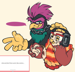 Size: 1314x1258 | Tagged: safe, artist:loeeee, bird, 2025, blushing, don the rooster, duo, eyes closed, grey background, looking at viewer, mouth open, nite the owl, open smile, simple background, smile, speech bubble, v sign