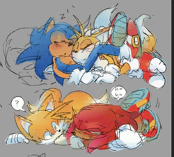 Size: 1033x933 | Tagged: safe, artist:hey-its-danny, knuckles the echidna, miles "tails" prower, sonic the hedgehog, 2025, blushing, cuddling, cute, eyes closed, grey background, laughing, looking at each other, lying down, lying on front, question mark, simple background, sketch, team sonic, trio, zzz
