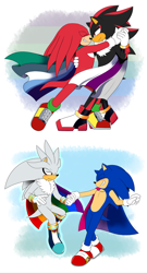 Size: 2538x4697 | Tagged: safe, artist:fire-for-battle, knuckles the echidna, shadow the hedgehog, silver the hedgehog, sonic the hedgehog, 2025, abstract background, bisexual, bisexual pride, cape, dancing, demisexual, demisexual pride, gay, gay pride, group, holding each other, holding hands, knuxadow, mlm pride, pride, shipping, silver, silver x sonic, smile, sonic