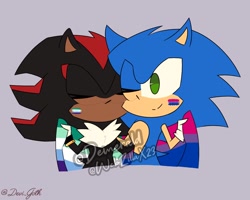 Size: 1250x1000 | Tagged: safe, artist:webzillax23, shadow the hedgehog, sonic the hedgehog, 2025, bisexual, bisexual pride, duo, eyes closed, flag, flat colors, gay, grey background, holding something, mlm pride, obtrusive watermark, pride, pride flag, shadow x sonic, shipping, signature, simple background, smile, watermark