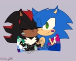 Size: 1250x1000 | Tagged: safe, artist:webzillax23, shadow the hedgehog, sonic the hedgehog, 2025, bisexual, bisexual pride, duo, eyes closed, flag, flat colors, gay, grey background, holding something, mlm pride, obtrusive watermark, pride, pride flag, shadow x sonic, shipping, signature, simple background, smile, watermark