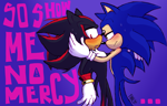Size: 2450x1560 | Tagged: safe, artist:finalbiohazard, shadow the hedgehog, sonic the hedgehog, 2024, blushing, duo, english text, frown, gay, gradient background, hand on face, lidded eyes, looking at them, looking away, shadow x sonic, shipping, signature, standing, sweat, sweatdrop