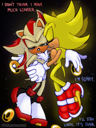 Size: 1800x2400 | Tagged: safe, artist:finalbiohazard, shadow the hedgehog, sonic the hedgehog, super shadow, super sonic, sonic adventure 2, 2025, angst, clenched teeth, crying, dialogue, duo, english text, eyes closed, flying, gay, holding hands, holding something, holding them, mid-air, ring, sad, scene interpretation, shadow x sonic, shipping, signature, soap shoes, star (sky), super form, tears, tears of sadness