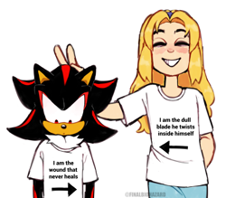 Size: 2000x1750 | Tagged: safe, artist:finalbiohazard, maria robotnik, shadow the hedgehog, human, 2025, dark humor, dot mouth, duo, eyes closed, looking at something, shirt, shrunken pupils, signature, simple background, smile, standing, v sign, white background, words on a shirt