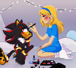 Size: 1900x1700 | Tagged: safe, artist:finalbiohazard, maria robotnik, shadow the hedgehog, human, 2025, barefoot, bed, blushing, claws, duo, eyeliner, frown, gloves off, gradient background, head rest, indoors, kneeling, lidded eyes, light, makeup, painted fingernails, painted toenails, pawpads, pillow, pout, sitting, socks