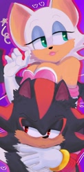 Size: 720x1475 | Tagged: safe, artist:adrianthecrustation, artist:m9nwh0r3, rouge the bat, shadow the hedgehog, 2025, cheek fluff, duo, frown, heart, lidded eyes, looking offscreen, outline, purple background, simple background, smile, star (symbol)