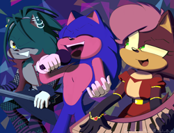 Size: 4050x3096 | Tagged: safe, artist:adrianthecrustation, artist:m9nwh0r3, sonia the hedgehog, sonic the hedgehog, sonic underground, 2023, abstract background, eyes closed, guitar, holding something, keyboard, manic the hedgehog, microphone, mouth open, open mouth, siblings, singing, smile, standing, trio