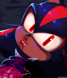 Size: 3072x3554 | Tagged: safe, artist:adrianthecrustation, artist:m9nwh0r3, shadow the hedgehog, 2024, abstract background, blood, looking at viewer, mouth open, nosebleed, signature, solo