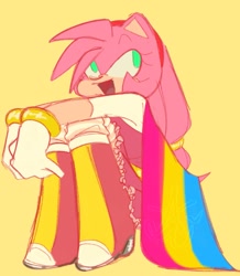 Size: 961x1100 | Tagged: safe, artist:adrianthecrustation, artist:m9nwh0r3, amy rose, 2023, flag, flat colors, looking offscreen, looking over shoulder, mouth open, open smile, pansexual, pansexual pride, pride, pride flag, simple background, sitting, smile, solo, yellow background
