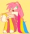 Size: 961x1100 | Tagged: safe, artist:adrianthecrustation, artist:m9nwh0r3, amy rose, hedgehog, 2023, female, flag, flat colors, looking offscreen, looking over shoulder, mouth open, open smile, pansexual, pansexual pride, pride, pride flag, simple background, sitting, smile, solo, yellow background
