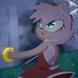 Size: 1150x1150 | Tagged: safe, artist:adrianthecrustation, artist:m9nwh0r3, amy rose, 2023, :o, abstract background, holding something, looking up, outdoors, rain, solo, standing, umbrella