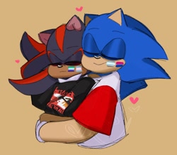 Size: 1100x961 | Tagged: safe, artist:m9nwh0r3, shadow the hedgehog, sonic the hedgehog, 2023, beige background, bisexual, bisexual pride, branded clothes, clothes, cute, demiboy, demiboy pride, duo, eyes closed, face paint, gay, heart, hugging, hugging from behind, metallica, mlm pride, pride, shadow x sonic, shadowbetes, shipping, shirt, smile, sonabetes, trans male, trans pride, transgender