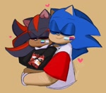 Size: 1100x961 | Tagged: safe, artist:m9nwh0r3, shadow the hedgehog, sonic the hedgehog, 2023, beige background, bisexual, bisexual pride, branded clothes, clothes, cute, demiboy, demiboy pride, duo, eyes closed, face paint, gay, heart, hugging, hugging from behind, metallica, mlm pride, pride, shadow x sonic, shadowbetes, shipping, shirt, smile, sonabetes, trans male, trans pride, transgender
