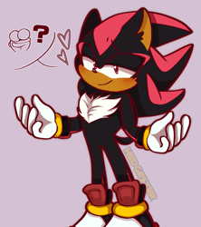 Size: 1375x1550 | Tagged: safe, artist:hedgester, shadow the hedgehog, 2024, arms out, blushing, cheek fluff, cute, ear fluff, grey background, heart, lidded eyes, looking at viewer, offering a hug, question mark, shadowbetes, signature, simple background, smile, solo, talking to viewer