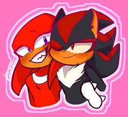 Size: 1008x925 | Tagged: safe, artist:hedgester, knuckles the echidna, shadow the hedgehog, 2024, blushing, bust, cheek fluff, chest fluff, clenched teeth, cute, duo, ear fluff, gay, knucklebetes, knuxadow, looking at them, looking at viewer, one eye closed, outline, pink background, shadowbetes, shipping, signature, simple background, smile