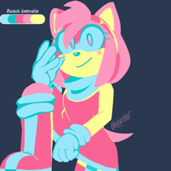 Size: 400x400 | Tagged: safe, artist:hedgester, amy rose, 2021, blue background, blushing, limited palette, looking at viewer, signature, simple background, smile, solo, standing on something