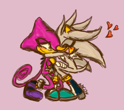 Size: 816x720 | Tagged: safe, artist:fruitycupp, espio the chameleon, silver the hedgehog, 2025, cute, duo, gay, heart, hugging, mouth open, open smile, pink background, shipping, signature, silvio, simple background, sketch, smile
