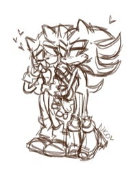 Size: 711x918 | Tagged: safe, artist:fruitycupp, shadow the hedgehog, sonic the hedgehog, 2025, blushing, cute, duo, frown, gay, heart, holding them, line art, looking at them, looking offscreen, monochrome, shadow x sonic, shipping, signature, simple background, sketch, smile, standing, white background