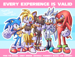Size: 3850x2975 | Tagged: dead source, safe, artist:sunnysundaeart, knuckles the echidna, miles "tails" prower, shadow the hedgehog, silver the hedgehog, sonic the hedgehog, aged up, binder, breasts, english text, group, looking at viewer, males only, older, outline, smile, standing, top surgery scars, trans male, transgender, transmasc pride, transmasculine, v sign