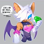 Size: 3000x3000 | Tagged: safe, artist:nikkikaji, rouge the bat, bulge, chaos emerald, dialogue, english text, gender swap, grey background, outline, simple background, solo, speech bubble, talking to viewer