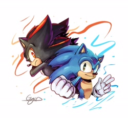 Size: 2048x1892 | Tagged: safe, artist:gigid_sonic, shadow the hedgehog, sonic the hedgehog, 2025, clenched fist, duo, frown, looking at viewer, movie style, signature, simple background, smile, v sign, white background