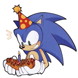 Size: 1098x1098 | Tagged: safe, artist:tenderandmilder, sonic the hedgehog, 2025, birthday, birthday hat, candle, chili dog, clenched teeth, food, hat, holding something, looking at something, simple background, smile, solo, white background
