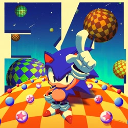 Size: 2048x2048 | Tagged: safe, artist:chaoslose, sonic the hedgehog, 2025, abstract background, birthday, blue spheres, classic sonic, looking at viewer, pointing, smile, solo, sonic the hedgehog 3, special stage, standing