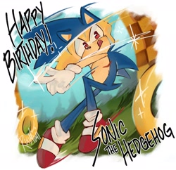 Size: 2048x1986 | Tagged: safe, artist:ruumimi_, sonic the hedgehog, super sonic, green hill zone, 2025, abstract background, birthday, character name, grass, looking at viewer, palm tree, pointing, ring, smile, solo, sparkles, super form, tongue out, top surgery scars, trans male, transgender