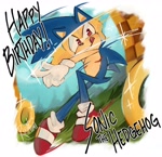 Size: 2048x1986 | Tagged: safe, artist:ruumimi_, sonic the hedgehog, super sonic, green hill zone, 2025, abstract background, birthday, character name, grass, looking at viewer, palm tree, pointing, ring, smile, solo, sparkles, super form, tongue out, top surgery scars, trans male, transgender
