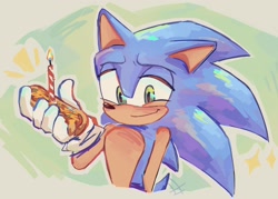 Size: 2048x1464 | Tagged: safe, artist:agydraws_, sonic the hedgehog, 2025, abstract background, birthday, candle, chili dog, food, holding something, lidded eyes, looking at viewer, smile, solo, tail wagging, wagging tail