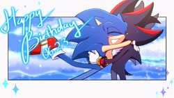 Size: 1920x1080 | Tagged: safe, artist:darlingdalyn, shadow the hedgehog, sonic the hedgehog, 2025, abstract background, birthday, duo, english text, gay, hugging, shadow x sonic, shipping, smile, sparkles, standing