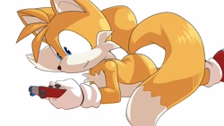 Size: 2048x1152 | Tagged: safe, artist:seen023hey, miles "tails" prower, 2025, gaming, holding something, looking at something, lying down, lying on front, nintendo switch, smile, solo