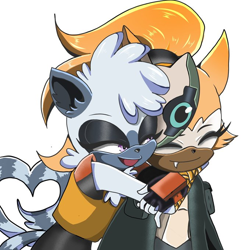 Size: 680x680 | Tagged: safe, artist:ddayax1801, tangle the lemur, whisper the wolf, 2025, arms around neck, duo, eyes closed, hugging, lesbian, lidded eyes, looking at them, mouth open, one fang, open smile, shipping, simple background, smile, tangle x whisper, white background