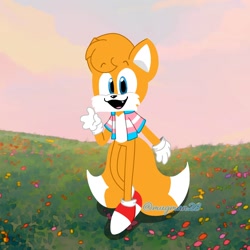Size: 1280x1280 | Tagged: safe, artist:leomugman28, miles "tails" prower, 2025, abstract background, eyebrow clipping through hair, jacket, looking at viewer, pride, smile, solo, trans male, trans pride, transgender