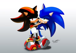 Size: 1960x1380 | Tagged: safe, artist:flauretzartz, shadow the hedgehog, sonic the hedgehog, 2025, duo, frown, gay, holding them, lidded eyes, looking at viewer, shadow x sonic, shipping, signature, smile, standing