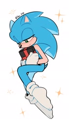 Size: 1079x1920 | Tagged: safe, artist:lee_898, sonic the hedgehog, 2025, birthday, holding something, lidded eyes, present, shoes off, signature, smile, socks, solo, sparkles