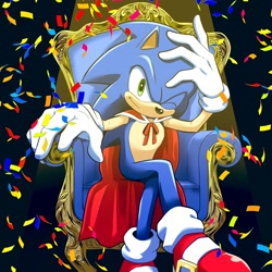 Size: 2000x2000 | Tagged: safe, artist:towa_10035, sonic the hedgehog, 2025, birthday, cape, confetti, looking at viewer, sitting, smile, solo, spotlight, throne, wink