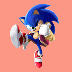 Size: 787x787 | Tagged: safe, artist:prince_youlou, sonic the hedgehog, 2025, alternate outfit, birthday, clenched teeth, clothes, jacket, lineless, mid-air, open jacket, pink background, posing, simple background, smile, solo, thumbs up, wink