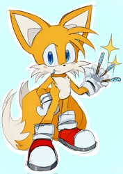 Size: 1448x2048 | Tagged: safe, artist:blake7587292440, miles "tails" prower, 2025, blue background, blushing, cute, food, hand on hip, holding something, looking at viewer, pocky (food), simple background, sketch, smile, solo, sparkles