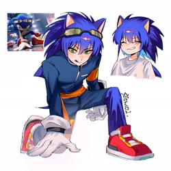 Size: 2048x2048 | Tagged: safe, artist:arokuro2_, sonic the hedgehog, human, 2025, bust, eye clipping through hair, eyebrow clipping through hair, eyes closed, hand on ground, hedgehog ears, hedgehog tail, partially humanized, redraw, reference inset, signature, simple background, smile, solo, sonic riders, white background