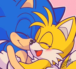 Size: 1400x1281 | Tagged: safe, artist:tailchana, miles "tails" prower, sonic the hedgehog, 2025, birthday, blushing, cute, duo, eyes closed, hugging, mouth open, open smile, outline, pink background, signature, simple background, smile, sonabetes, tailabetes
