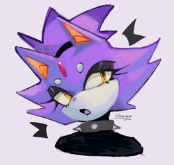 Size: 2048x1953 | Tagged: safe, artist:gappy_gloup, blaze the cat, 2025, beanbrows, bust, eyelashes, eyeshadow, grey background, lidded eyes, looking offscreen, mouth open, pink nose, punk, signature, simple background, solo, spiked collar